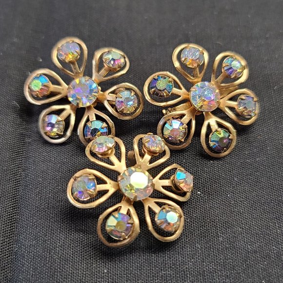 Unknown Jewelry - 3 Brooches/Pins Aurora Borealis Rhinestones - Mid Century 1950's